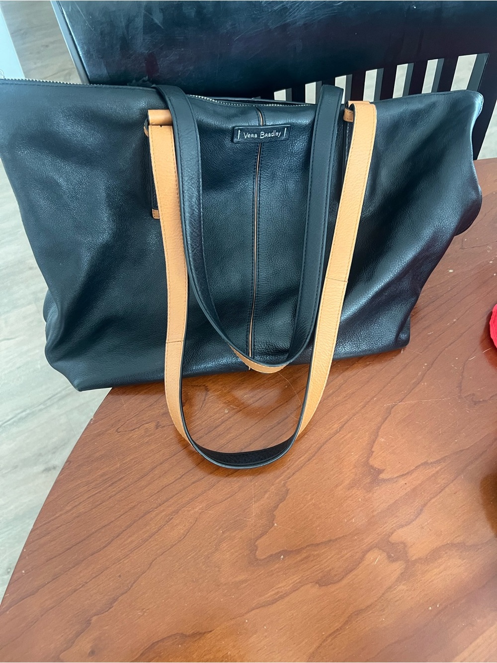 Vera Bradley Black Tote with Tan Straps
